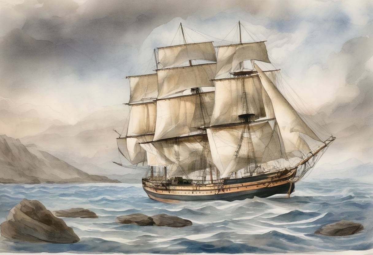 Watercolor painting based depiction of The HMS Beagle, with Charles Darwin aboard, reached the Galápagos Islands, which would later play a crucial role in the development of Darwin's theory of evolution by natural selection. (1835)