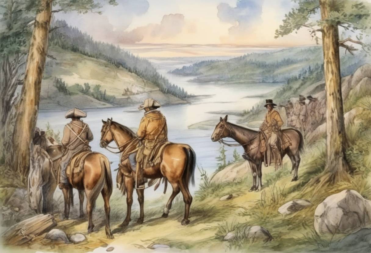 Watercolor painting based depiction of Lewis and Clark start their expedition to explore the American West from Pittsburgh, Pennsylvania. (1803)