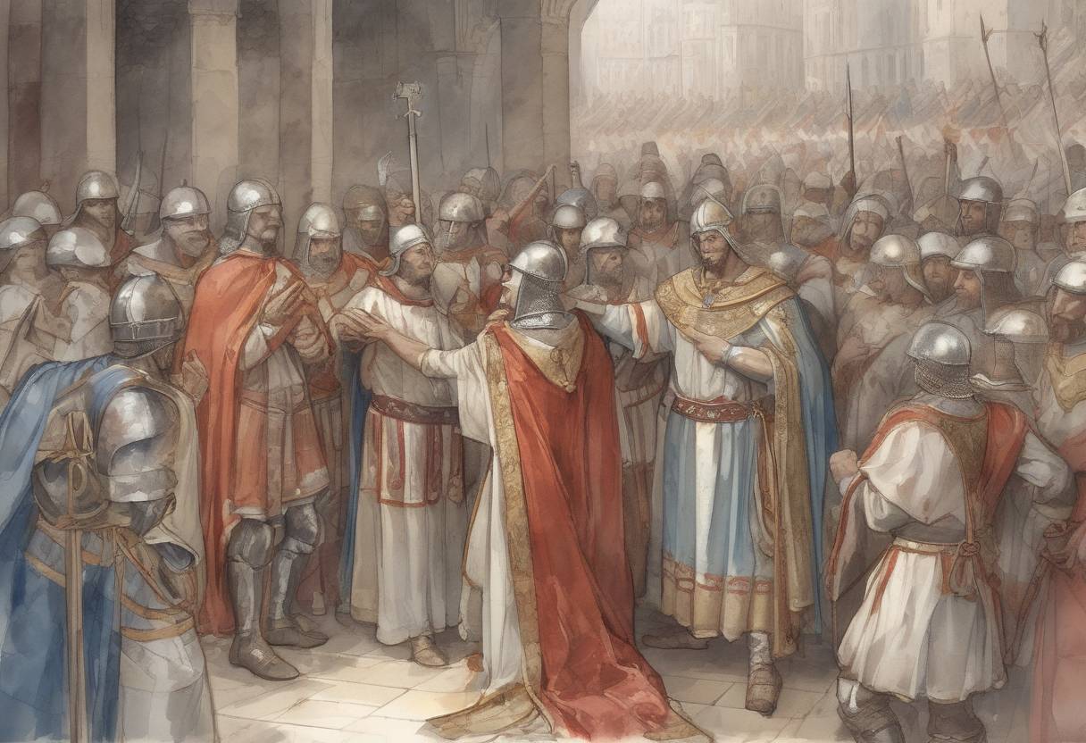 Watercolor painting based depiction of Pepin the Short, King of the Franks, dies. His kingdom is divided between his sons Charlemagne and Carloman I, setting the stage for the Carolingian Empire. (768)