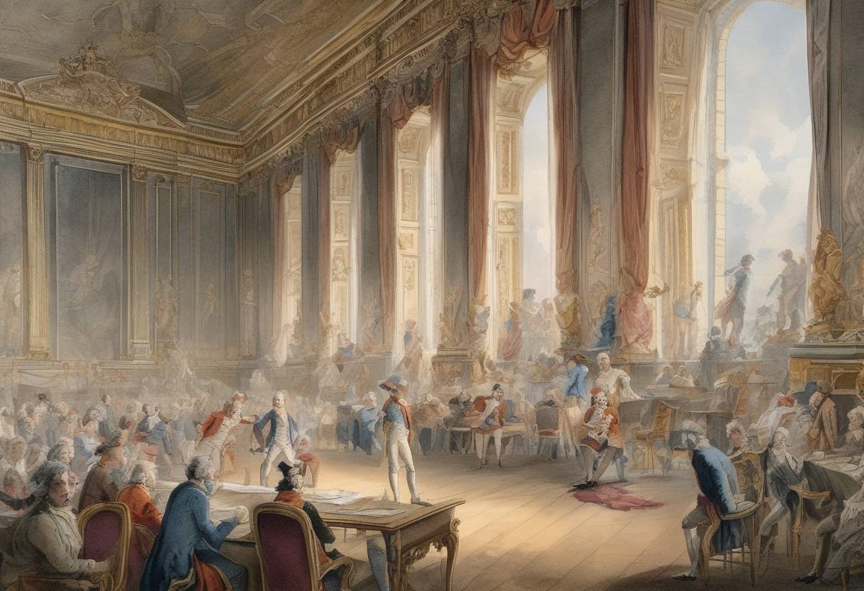 Watercolor painting based depiction of During the French Revolution, the Third Estate declares itself the National Assembly. (1789)