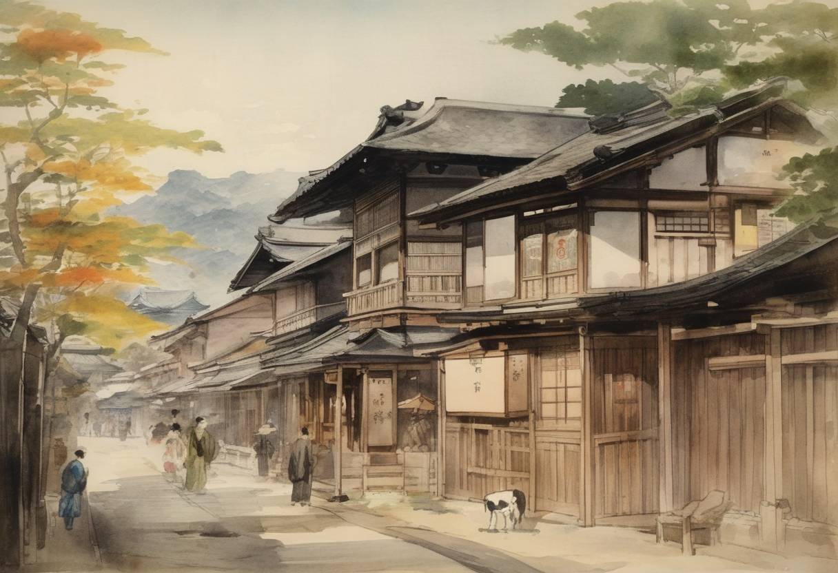 Watercolor painting based depiction of Nintendo Koppai, later known as Nintendo Company, Limited, was founded by Fusajiro Yamauchi in Kyoto, Japan. (1889)