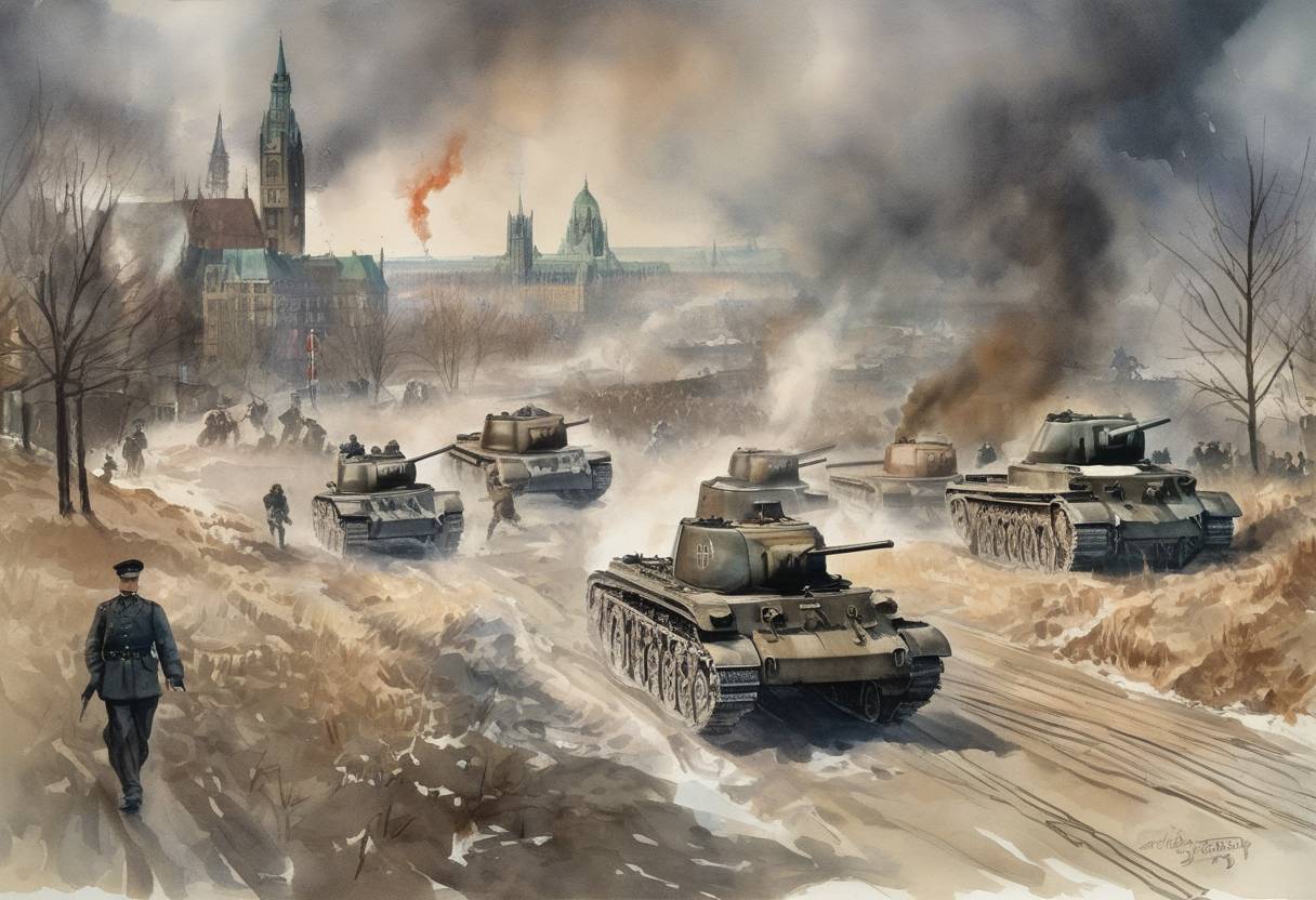 Watercolor painting based depiction of Canada declared war on Germany, joining the Allies in World War II. This was a week after Britain and France had declared war following Germany's invasion of Poland. (1939)