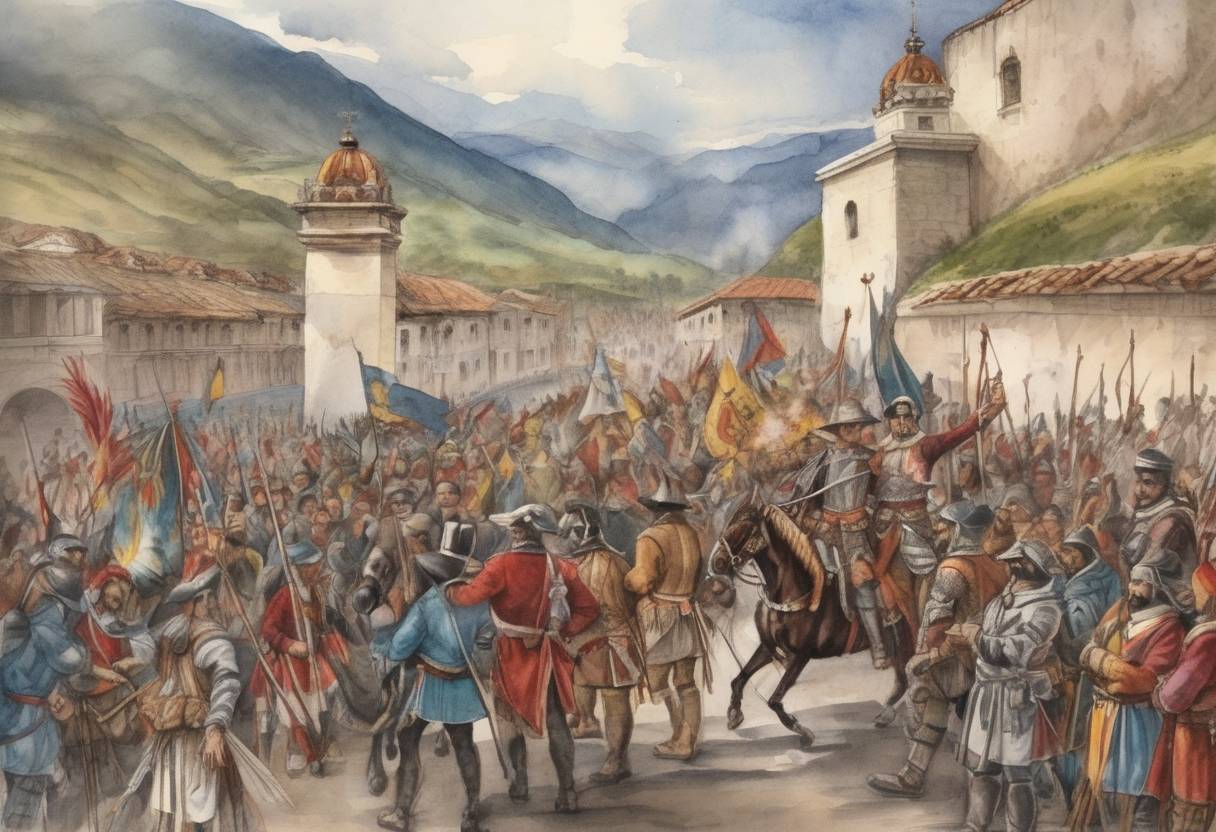 Watercolor painting based depiction of Spanish conquistador Francisco Pizarro arrives in Cajamarca, Peru, marking the beginning of the Spanish conquest of the Inca Empire. (1533)