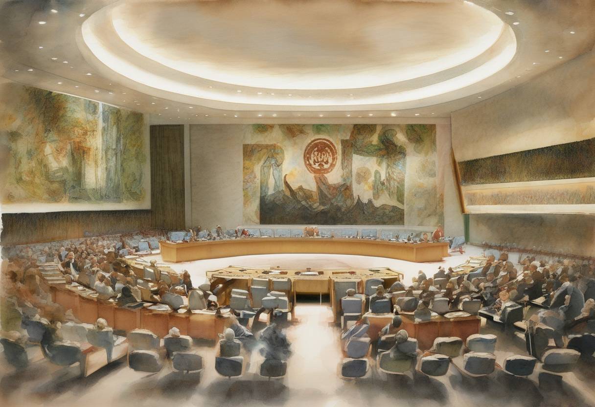 Watercolor painting based depiction of The United Nations Security Council unanimously approved Resolution 1441, which offered Iraq a final opportunity to comply with its disarmament obligations and warned of serious consequences if it failed to do so. (2002)