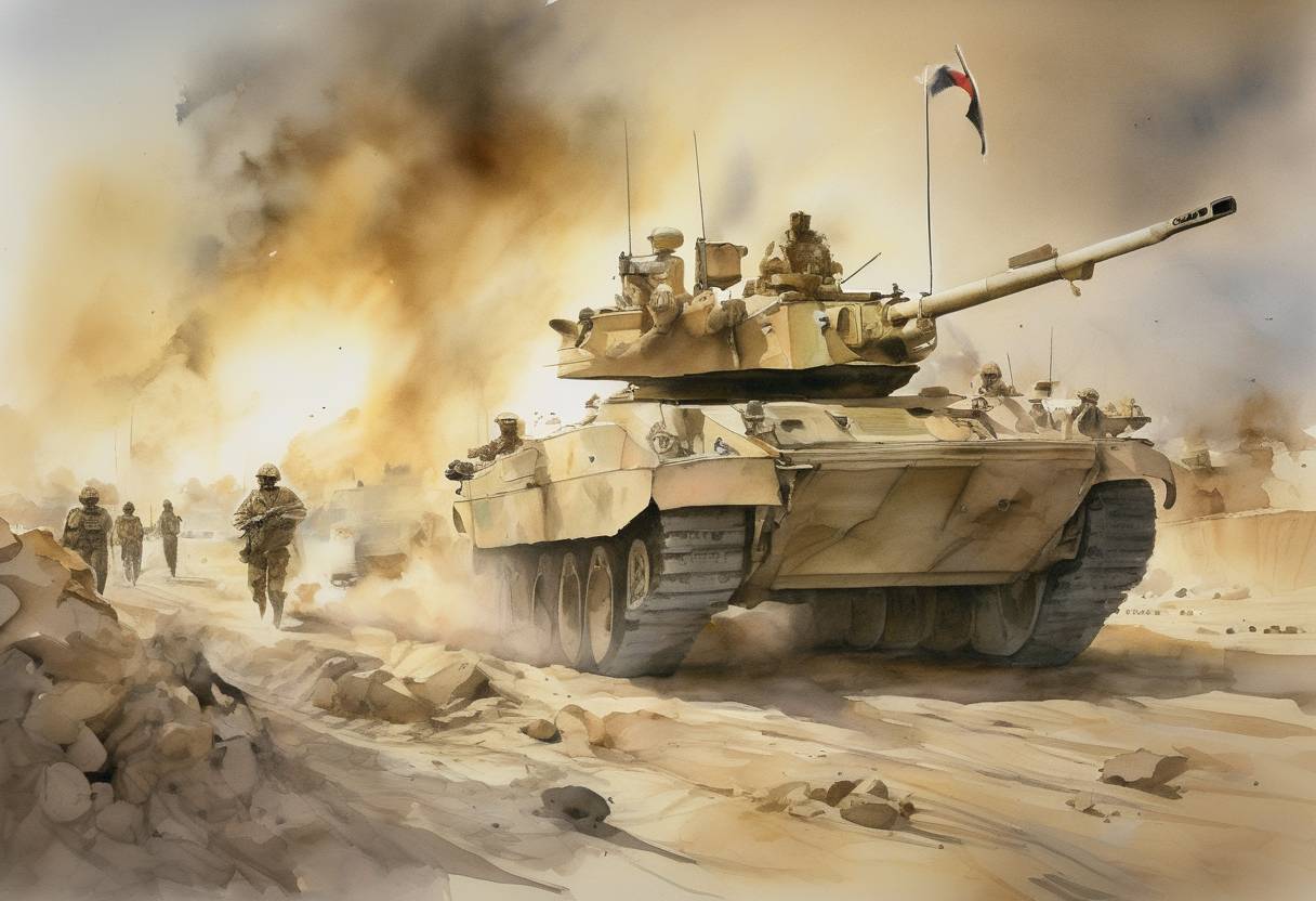 Watercolor painting based depiction of The ground phase of the Gulf War began with a massive coalition force assault on Iraqi positions in Kuwait and southern Iraq, leading to the liberation of Kuwait. (1991)