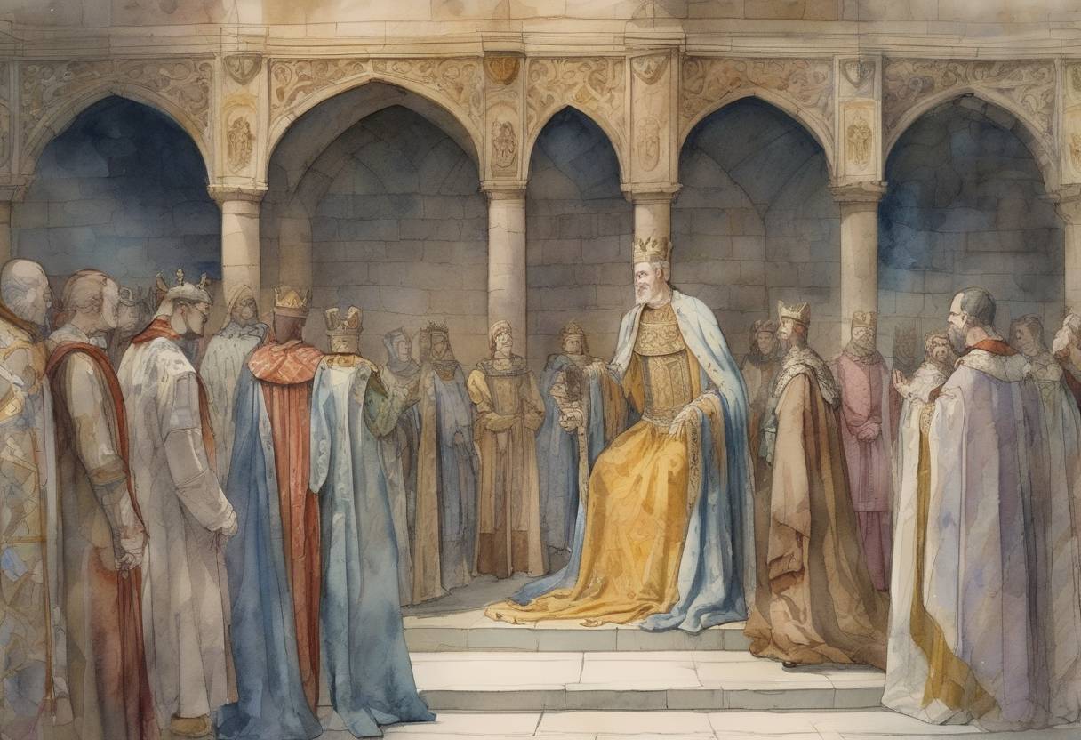 Watercolor painting based depiction of King John of England dies at Newark Castle, leading to the ascension of his nine-year-old son, Henry III, to the throne. (1216)
