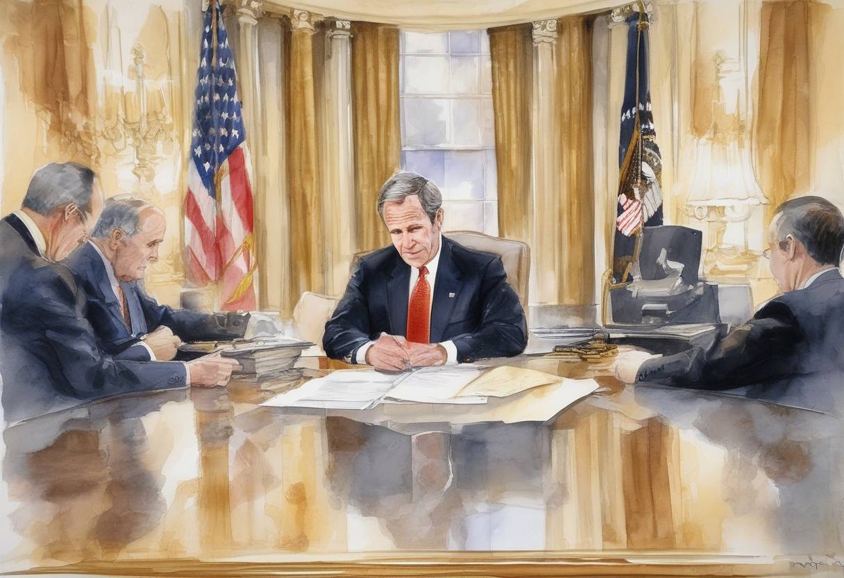 Watercolor painting based depiction of The Sarbanes-Oxley Act, aimed at improving corporate governance and accountability, is signed into law by U.S. President George W. Bush. (2002)