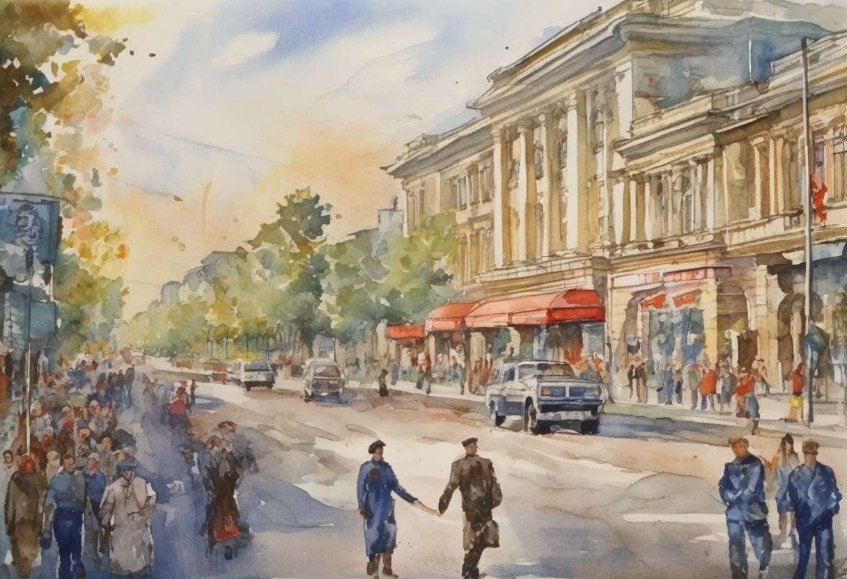 Watercolor painting based depiction of Moldova declared its independence from the Soviet Union, part of the larger dissolution of the USSR. (1991)