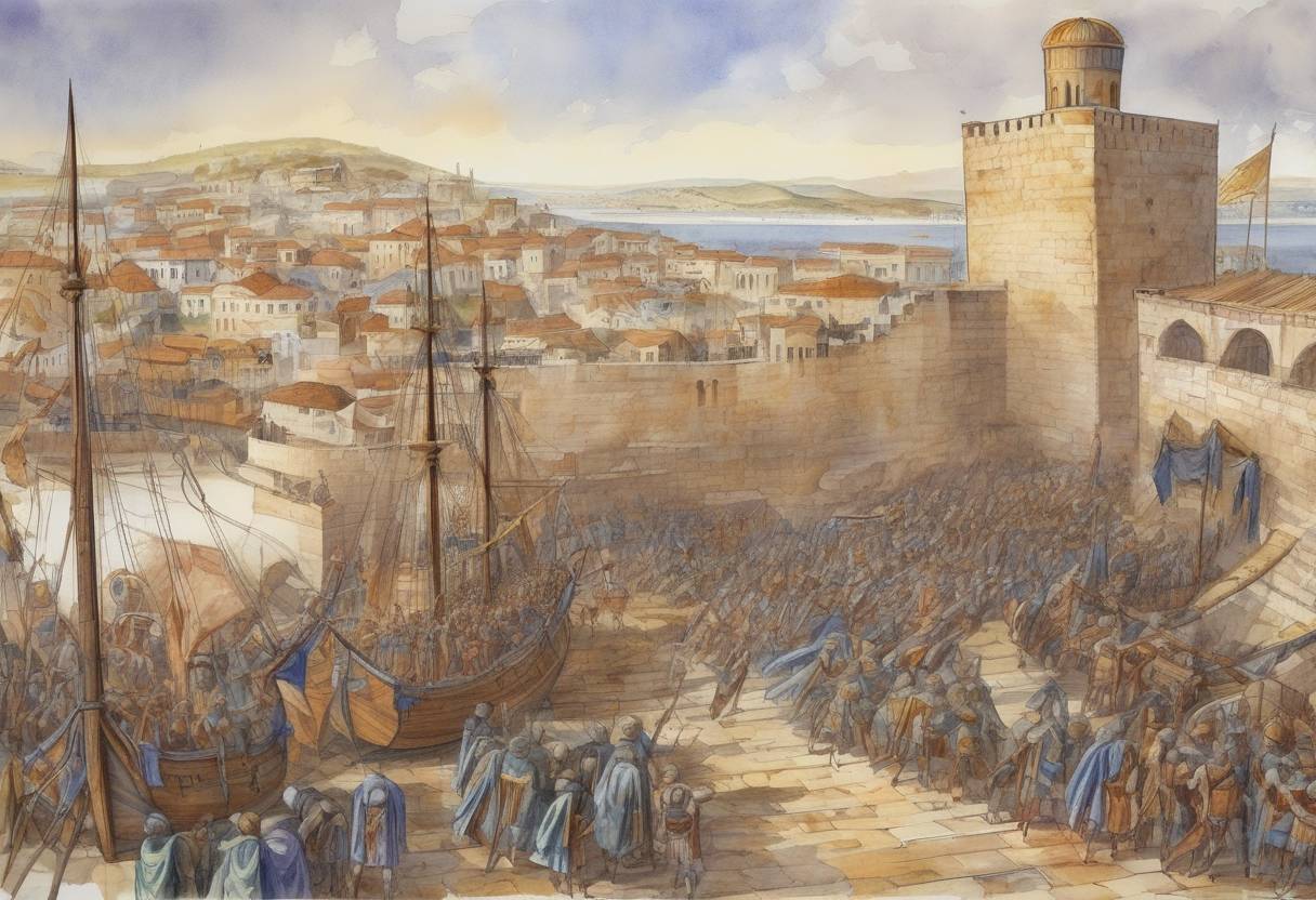 Watercolor painting based depiction of The Sack of Thessalonica occurred when Saracen pirates led by Leo of Tripoli captured the city of Thessalonica, the second-largest city of the Byzantine Empire, after a short siege. The city was plundered, and a large number of inhabitants were taken as slaves. (904)