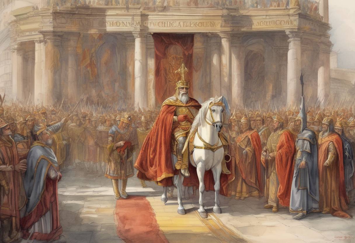 Watercolor painting based depiction of Charlemagne arrives in Rome at the invitation of Pope Leo III, setting the stage for his coronation as Emperor of the Romans on Christmas Day of the same year. (800)