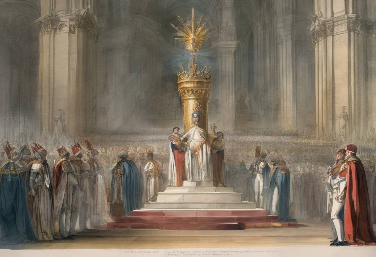Watercolor painting based depiction of Napoleon Bonaparte is crowned King of Italy with the Iron Crown of Lombardy in the Cathedral of Milan. (1805)