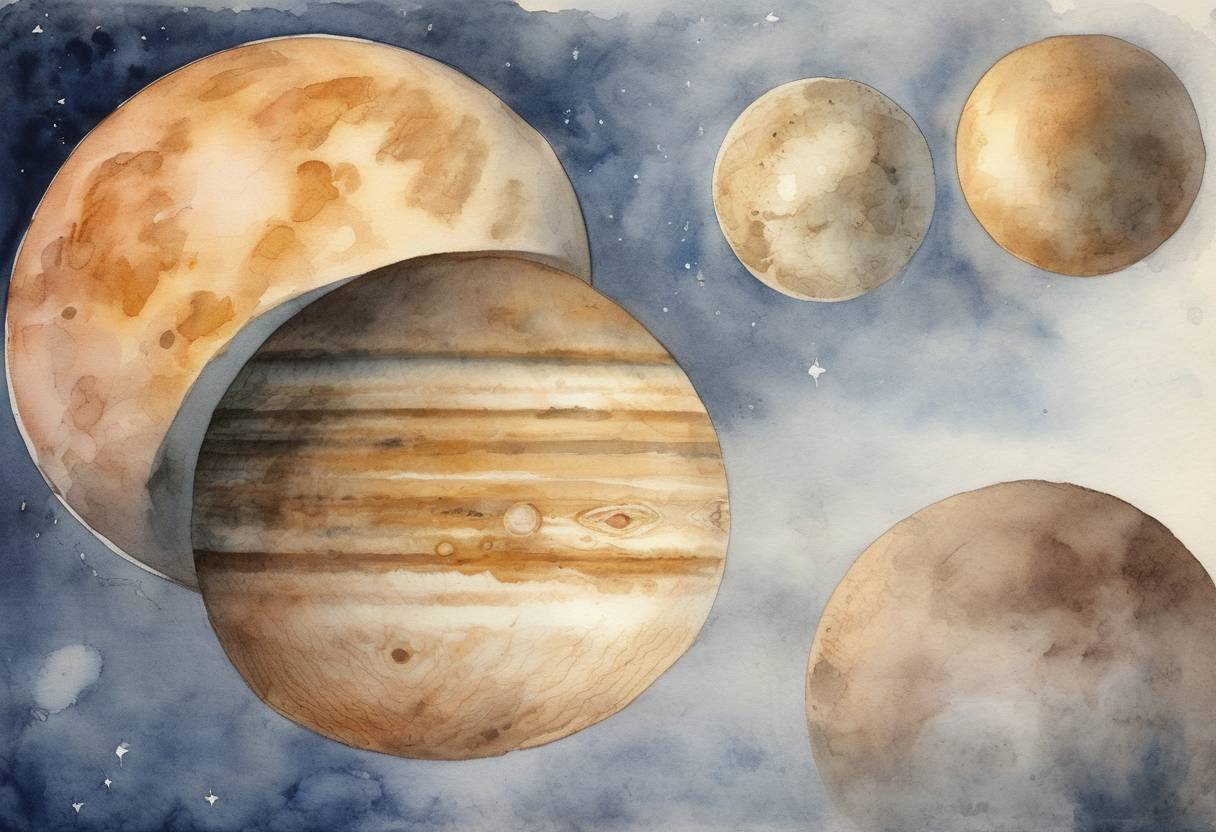 Watercolor painting based depiction of Galileo Galilei made his first observation of the four largest moons of Jupiter: Ganymede, Callisto, Io, and Europa, which are now known as the Galilean moons. (1610)