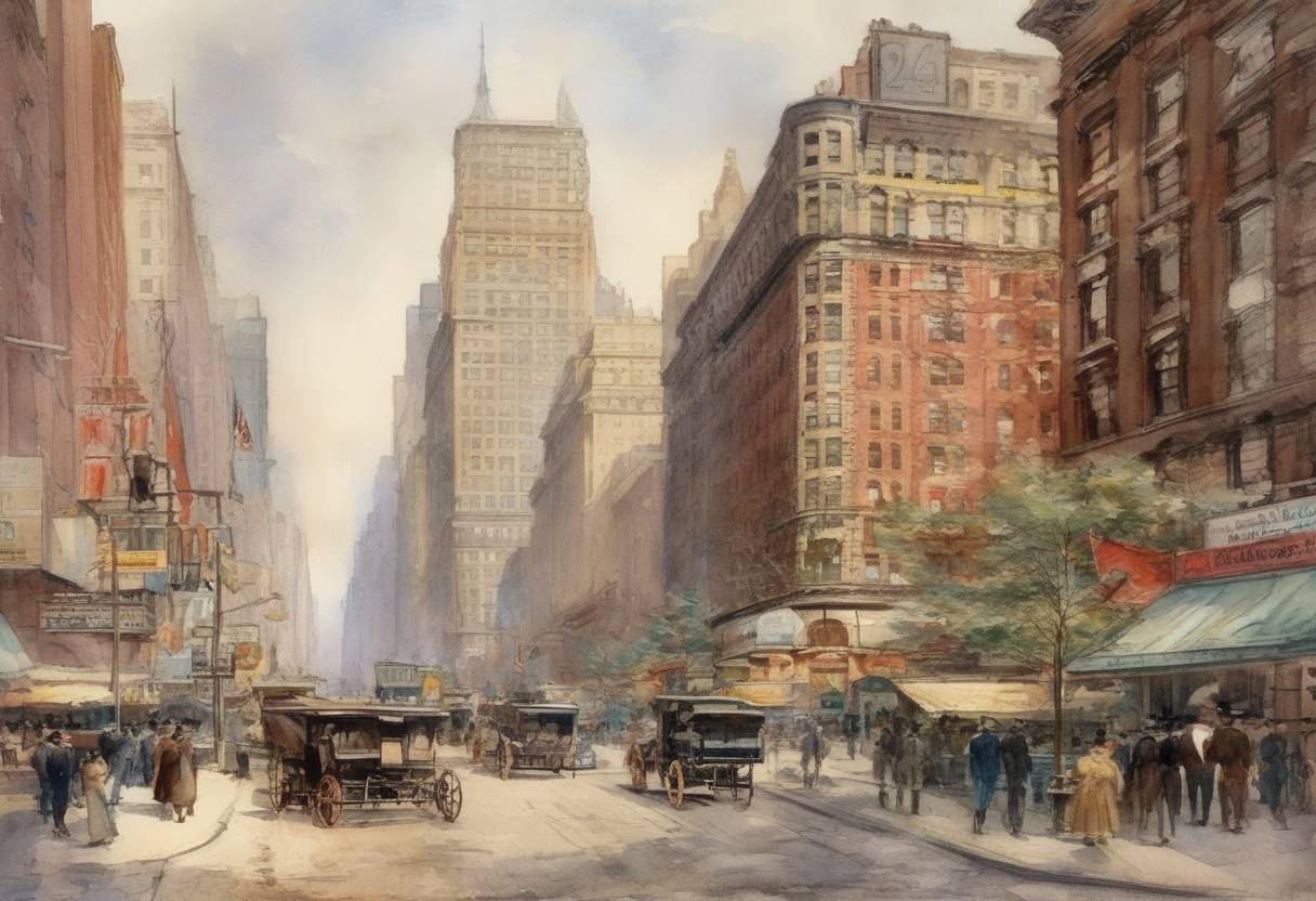 Watercolor painting based depiction of Longacre Square in Manhattan was renamed Times Square after The New York Times moved its headquarters there. (1904)