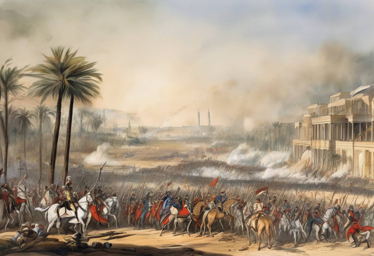 Watercolor painting based depiction of The Battle of Heliopolis took place during the French Revolutionary Wars, where French forces under General Jean-Baptiste Kléber defeated the Ottoman army near Cairo, Egypt. This battle was part of the French campaign in Egypt and Syria. (1800)