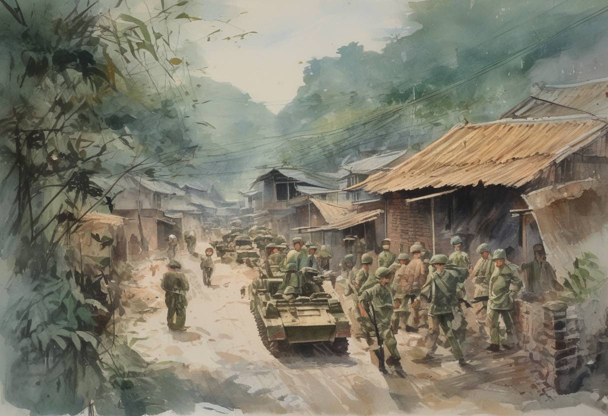 Watercolor painting based depiction of China launched a brief, but bloody, invasion of Vietnam, known as the Sino-Vietnamese War. (1979)