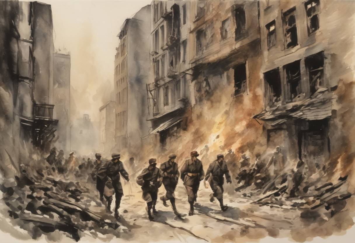 Watercolor painting based depiction of The Warsaw Ghetto Uprising ended with the destruction of the ghetto by German forces, a significant event in the history of Jewish resistance during the Holocaust. (1943)