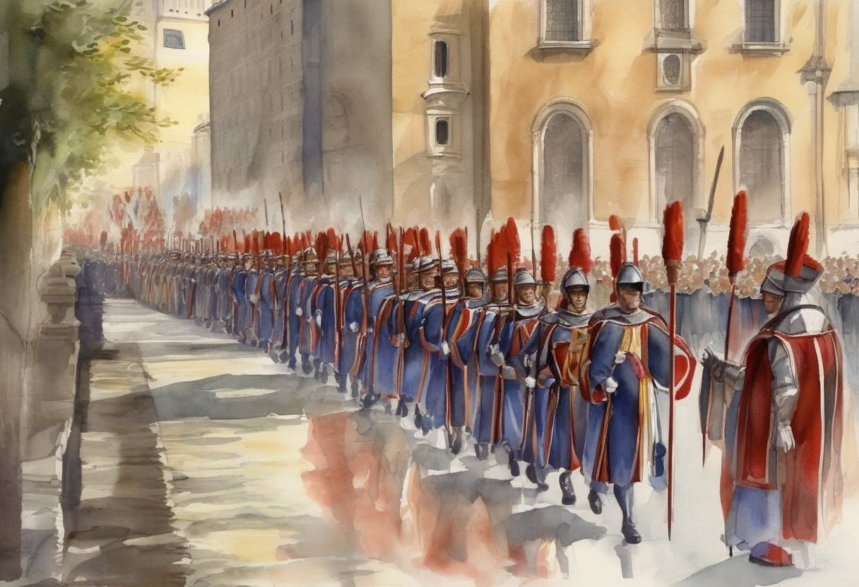Watercolor painting based depiction of The first contingent of 150 Swiss Guards arrives at the Vatican to serve as the personal bodyguards of Pope Julius II. (1506)