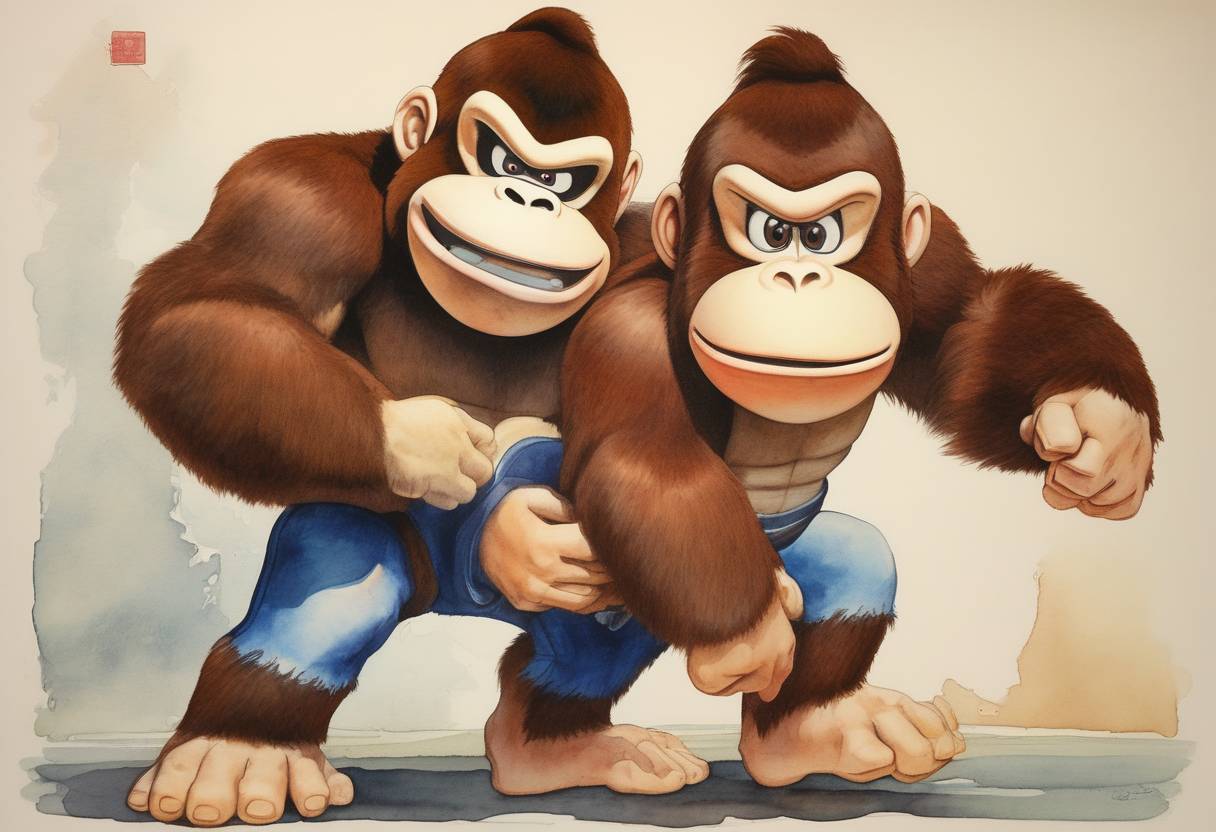 Watercolor painting based depiction of Donkey Kong, a video game created by Nintendo, is released, introducing the character Mario and becoming a major success. (1981)
