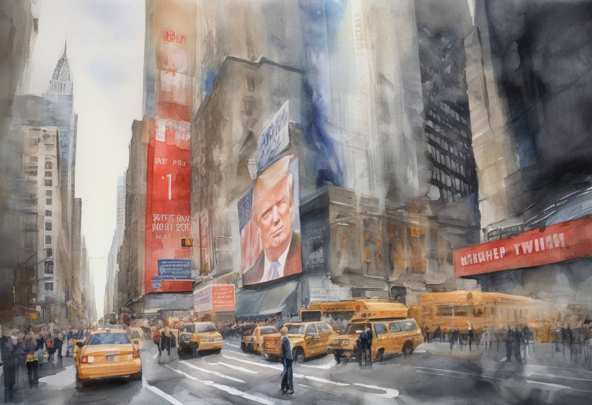 Watercolor painting based depiction of Donald Trump announced his candidacy for President of the United States, launching his campaign from Trump Tower in New York City. (2015)