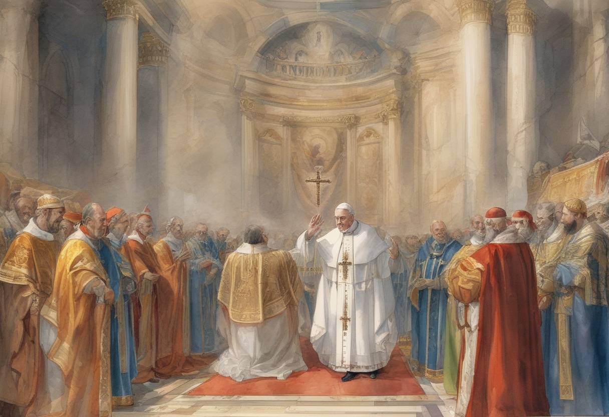 Watercolor painting based depiction of Sergius III becomes Pope after the death of Pope Leo V and the subsequent deposition of Antipope Christopher. His papacy marks the beginning of the period known as the Saeculum Obscurum or the 'dark age' of the papacy, characterized by corruption and the influence of powerful Roman families. (904)