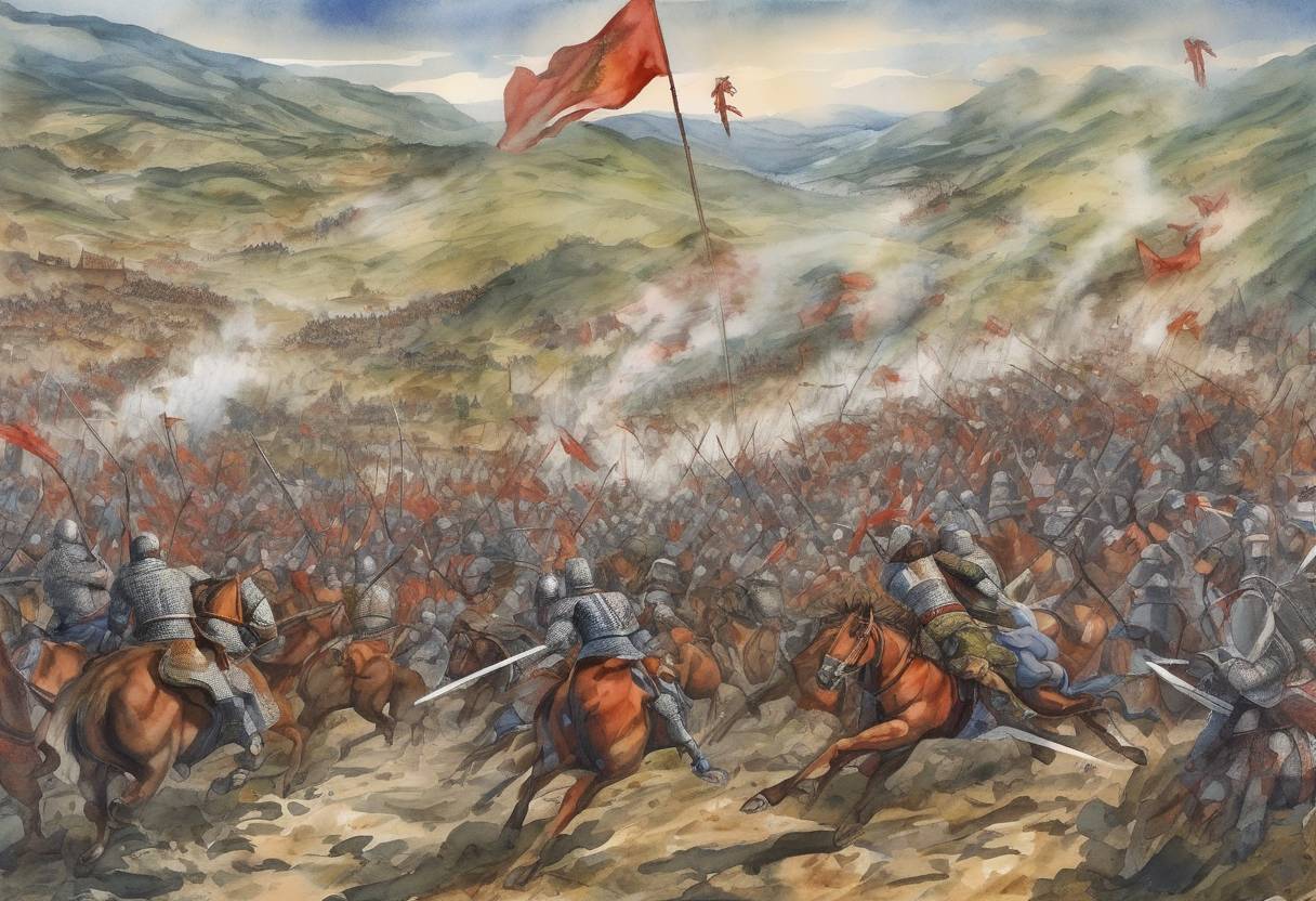Watercolor painting based depiction of The Battle of Kosovo took place between the Serbian army led by Prince Lazar and the Ottoman Empire led by Sultan Murad I. This battle was significant in the history of the Balkans and marked the beginning of Ottoman dominance in the region. (1389)