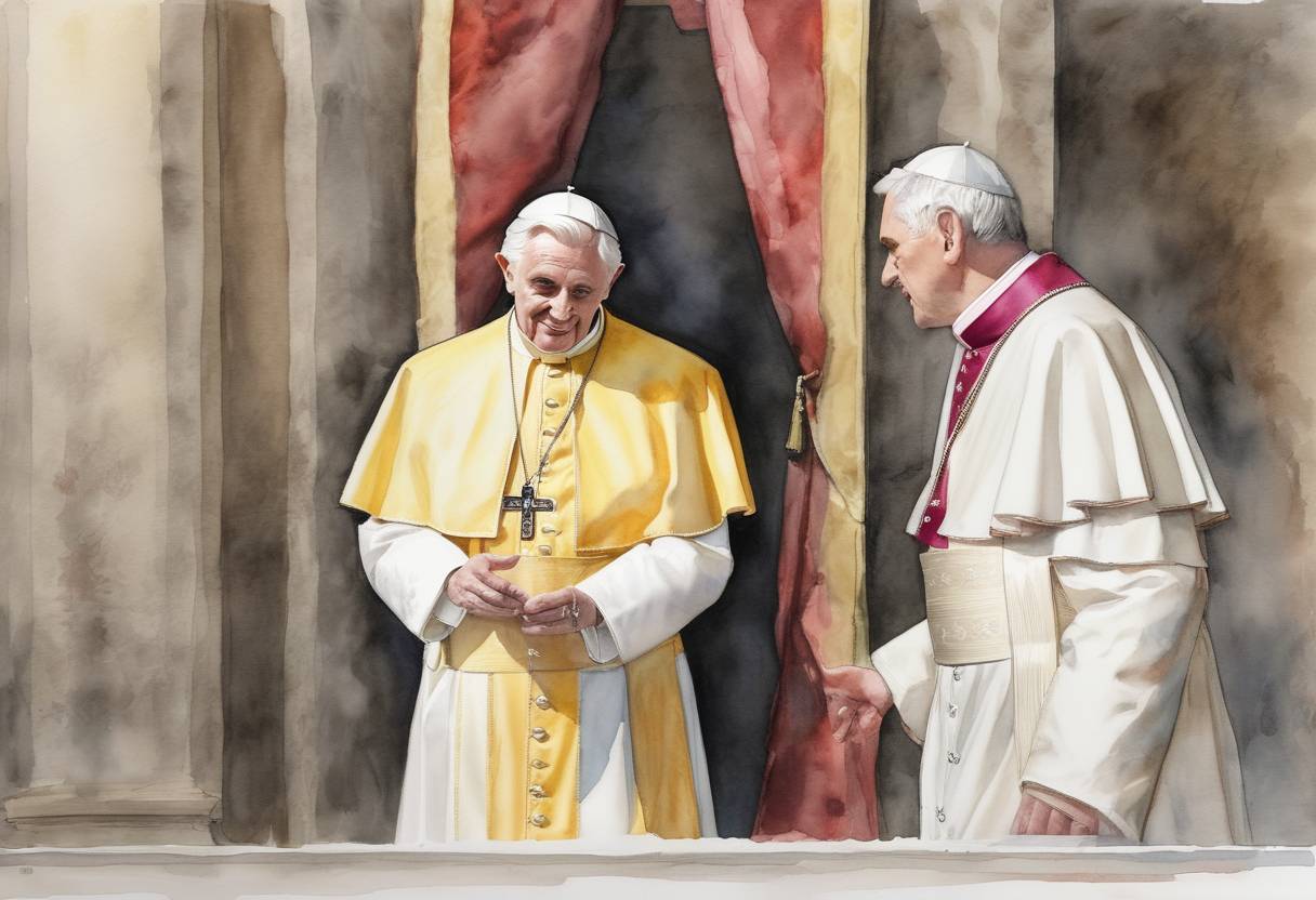 Watercolor painting based depiction of Pope Benedict XVI resigns from the papacy, becoming the first pope to do so since Gregory XII in 1415. (2013)