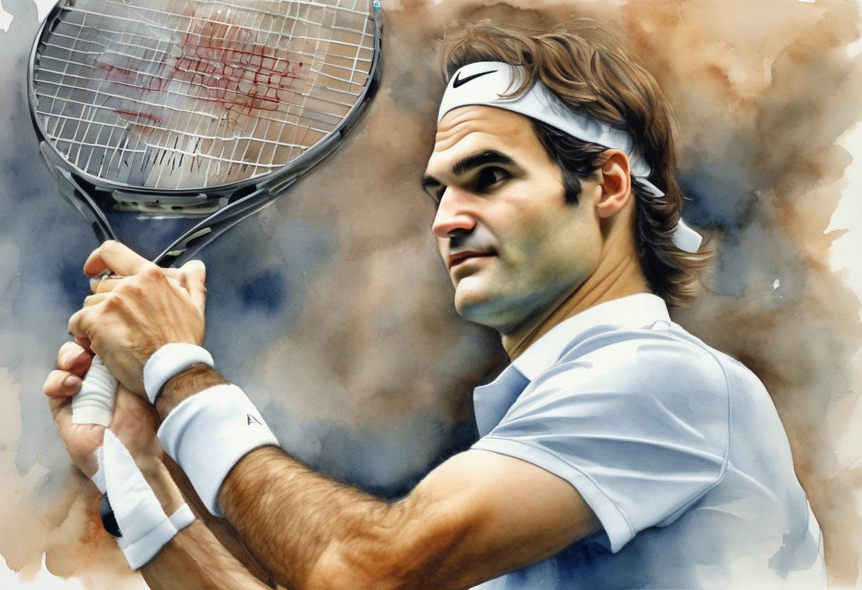 Watercolor painting based depiction of Swiss tennis player Roger Federer became the world No. 1 ranked player for the first time in his career, a position he would hold for a record 237 consecutive weeks. (2004)