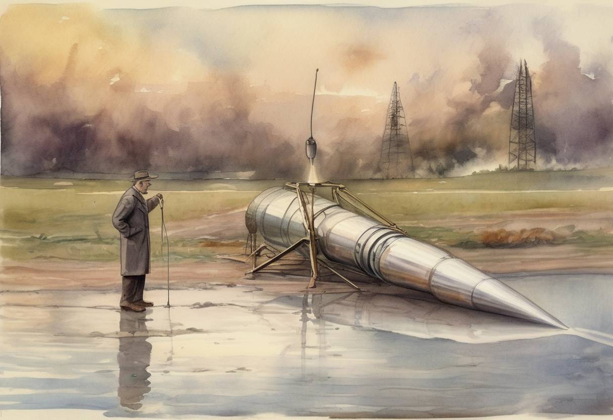 Watercolor painting based depiction of Robert Goddard launches the world's first liquid-fueled rocket in Auburn, Massachusetts, marking a significant milestone in the development of rocket technology. (1926)