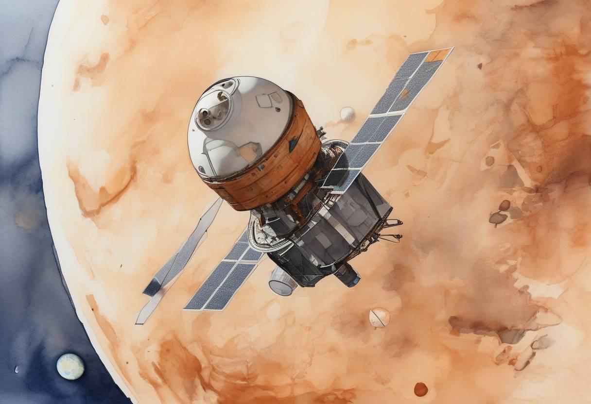 Watercolor painting based depiction of The United Arab Emirates' Hope Probe successfully entered Mars' orbit, marking the Arab world's first interplanetary mission. (2021)