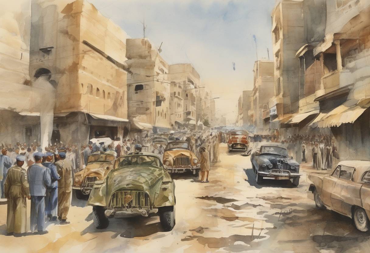 Watercolor painting based depiction of A coup d'état in Iraq led to the overthrow of the Hashemite monarchy and the establishment of a republic. (1958)