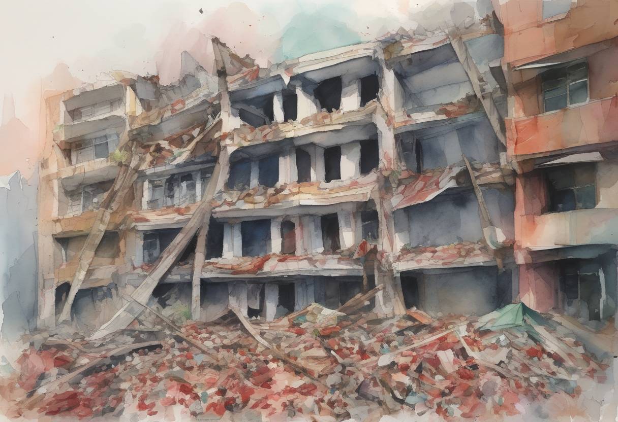 Watercolor painting based depiction of The Rana Plaza building collapses in Dhaka, Bangladesh, killing over 1,100 people in one of the deadliest garment factory accidents in history. (2013)