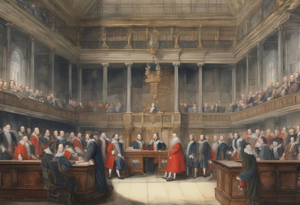 Watercolor painting based depiction of King Charles I of England dissolves Parliament, beginning the eleven-year period known as the Personal Rule. (1629)