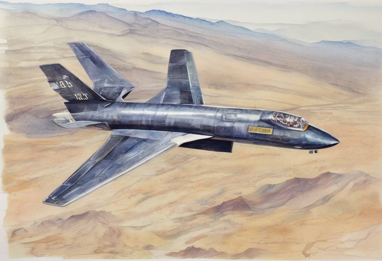 Watercolor painting based depiction of Joe Walker flew a North American X-15 to a record altitude of 106,010 meters (347,800 feet), becoming the first human to enter space twice. (1963)