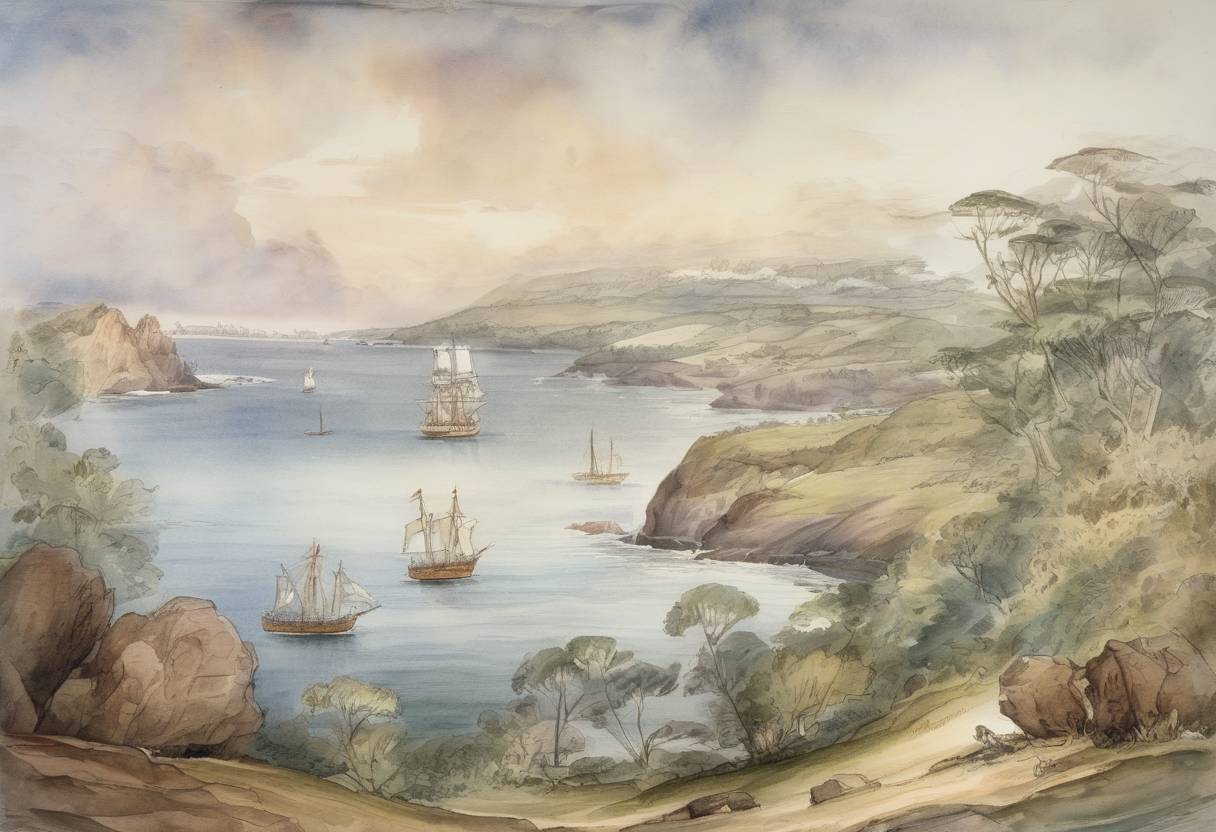 Watercolor painting based depiction of Captain James Cook sights the eastern coast of what is now Australia. (1770)