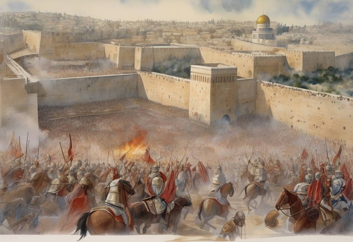 Watercolor painting based depiction of The Siege of Jerusalem by the Roman Empire began, marking a significant event in the First Jewish–Roman War. Roman forces, led by future Emperor Titus, laid siege to the city, which would eventually lead to the destruction of the Second Temple. (70)