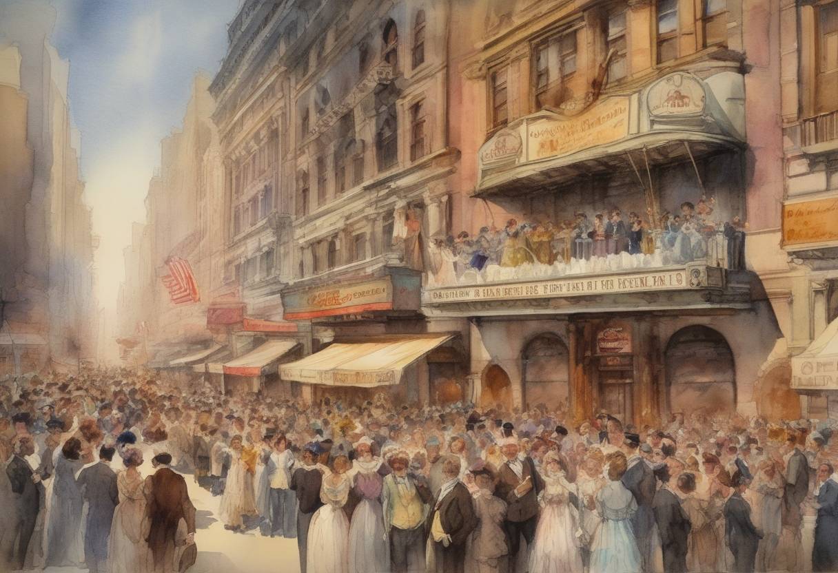 Watercolor painting based depiction of The first public radio broadcast takes place; a live performance of the operas Cavalleria rusticana and Pagliacci is sent out over the airwaves from the Metropolitan Opera House in New York City. (1910)