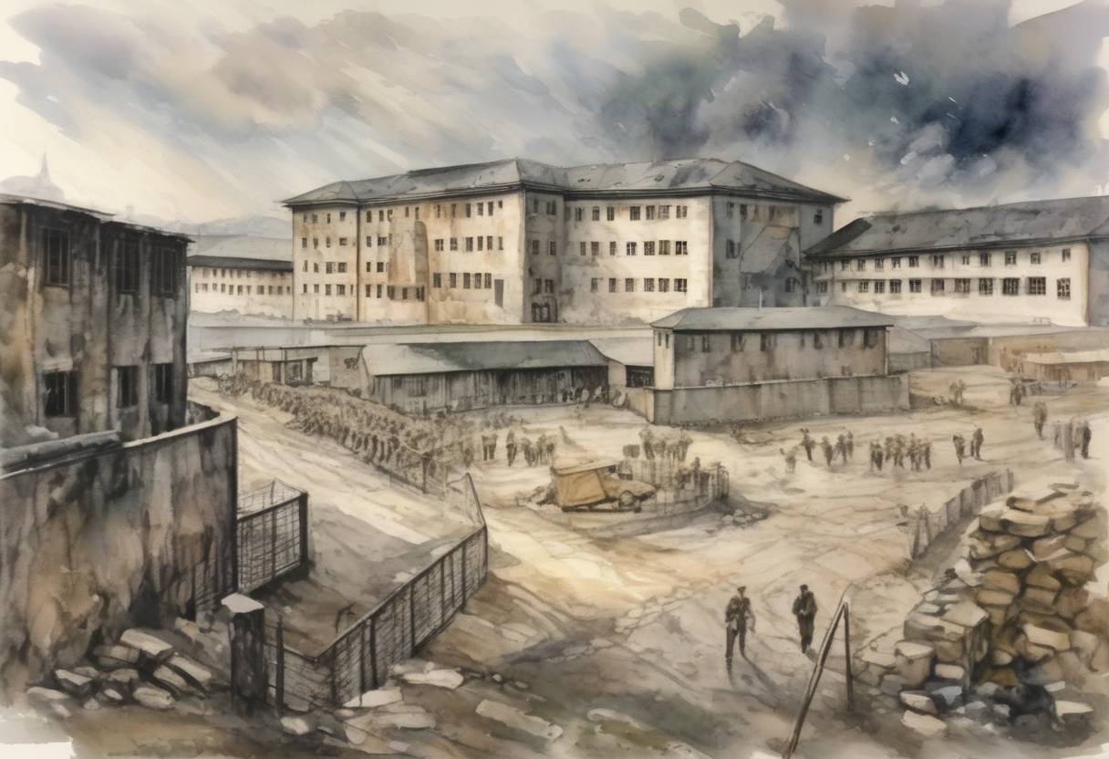 Watercolor painting based depiction of The Mauthausen concentration camp is liberated by American forces during World War II. (1945)