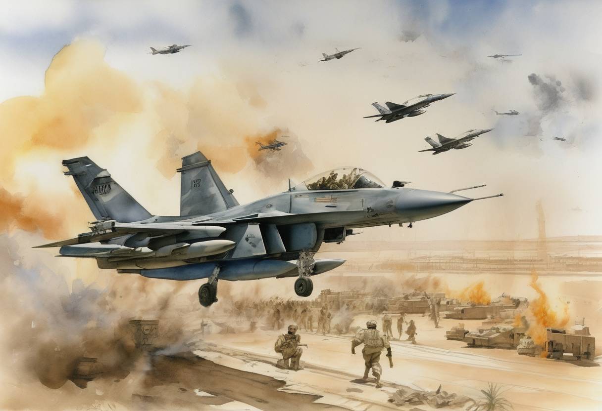 Watercolor painting based depiction of Operation Desert Storm begins as the United States and coalition forces launch a massive air offensive against Iraq in response to Iraq's invasion of Kuwait. (1991)