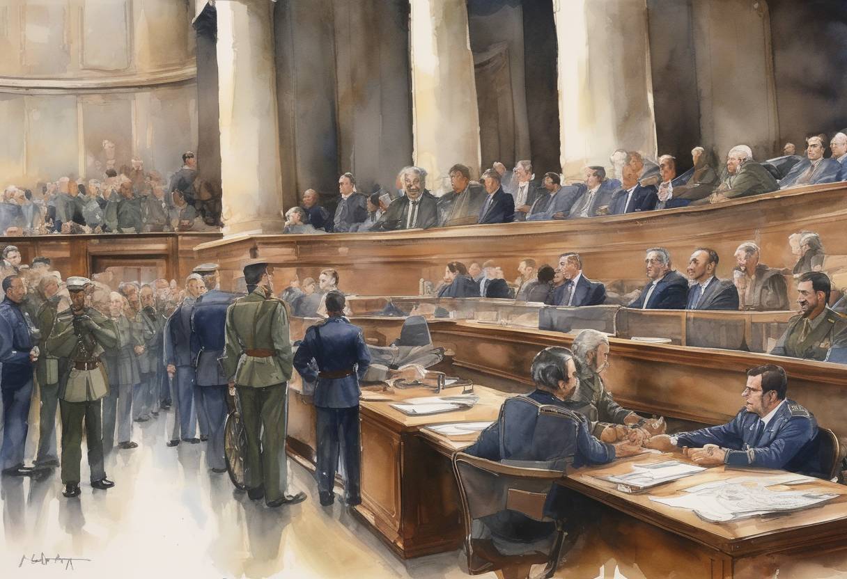 Watercolor painting based depiction of An attempted coup d'état takes place in Spain when Lieutenant Colonel Antonio Tejero storms the Congress of Deputies, holding lawmakers hostage for 18 hours. (1981)