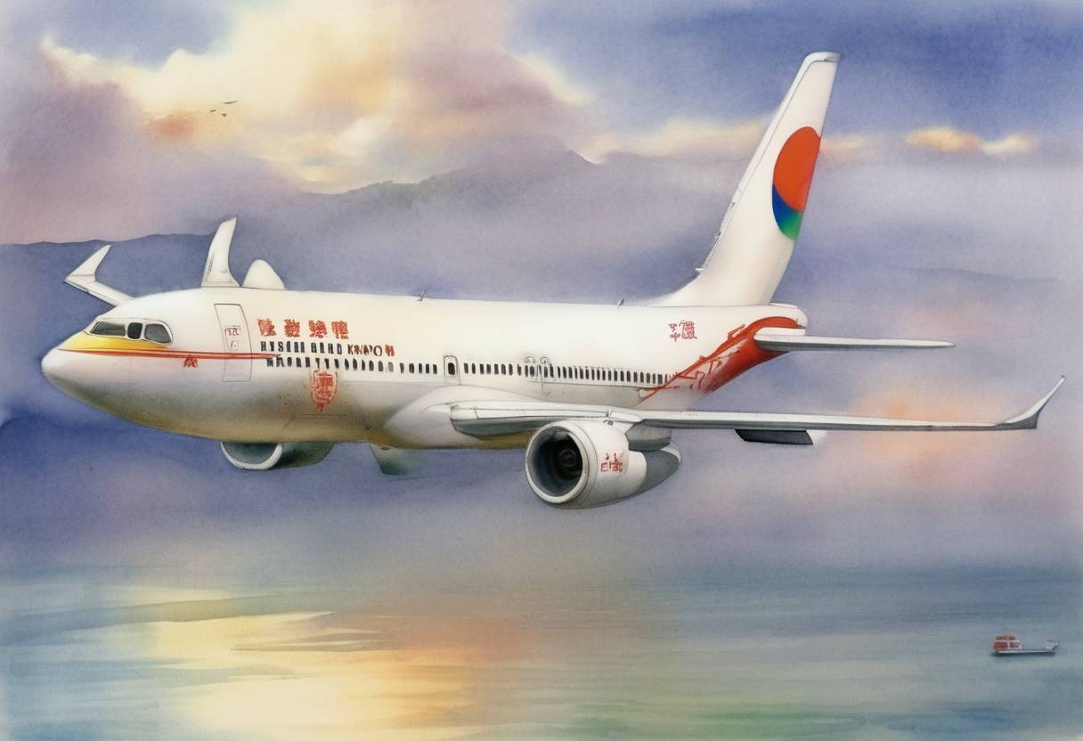 Watercolor painting based depiction of The first direct commercial flight between mainland China and Taiwan since 1949 took place, marking a significant step in cross-strait relations. (2008)