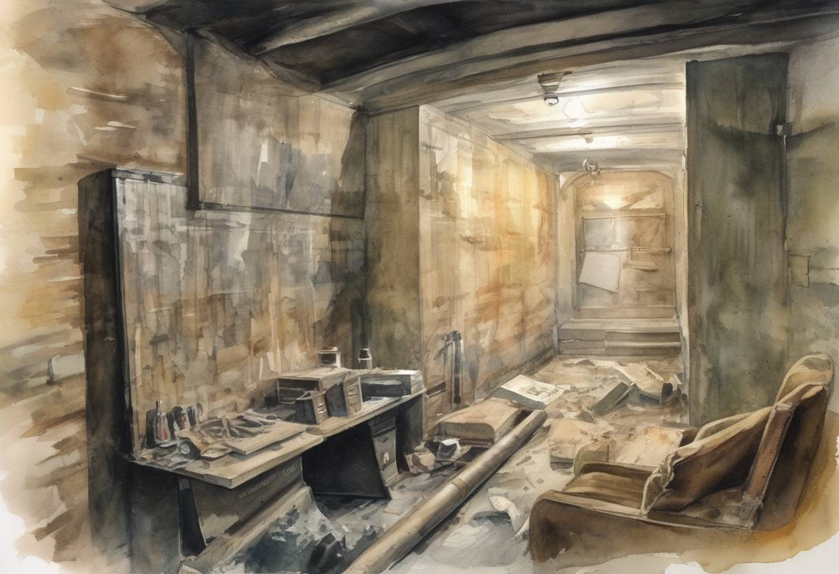 Watercolor painting based depiction of Adolf Hitler, the leader of Nazi Germany, committed suicide in his underground bunker in Berlin as Soviet forces closed in on the city. (1945)