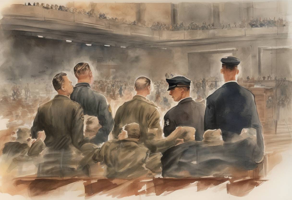 Watercolor painting based depiction of During World War II, six convicted Nazi saboteurs who had secretly entered the United States were executed in Washington, D.C., following a military tribunal. (1942)