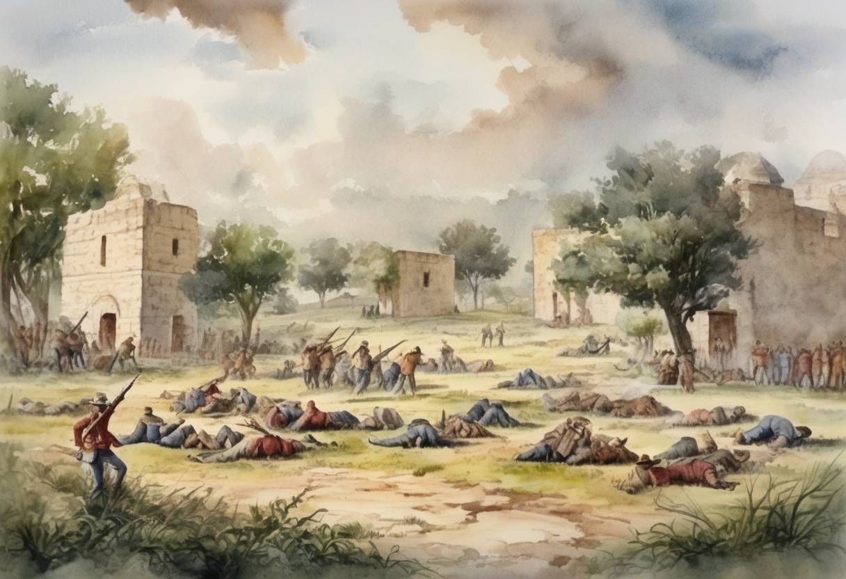 Watercolor painting based depiction of The Goliad Massacre took place during the Texas Revolution, where over 400 Texan prisoners were executed by the Mexican Army. (1836)