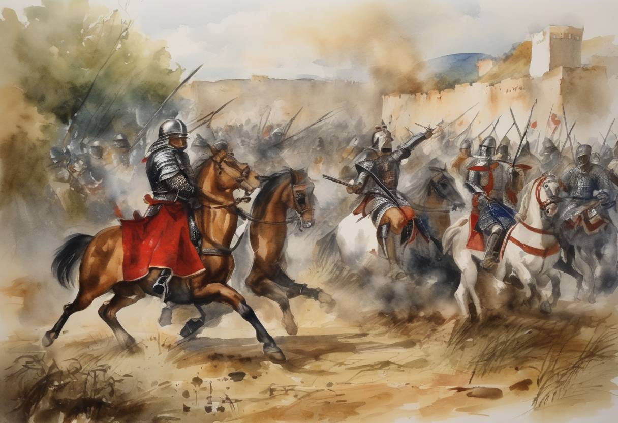 Watercolor painting based depiction of A firefight occurred between the knights of Portugal and the Almohad dynasty near Santarém, affecting territorial control in the region. (1188)
