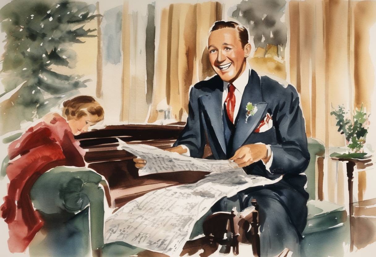 Watercolor painting based depiction of Bing Crosby recorded the song 'White Christmas', which became one of the best-selling singles of all time. (1942)