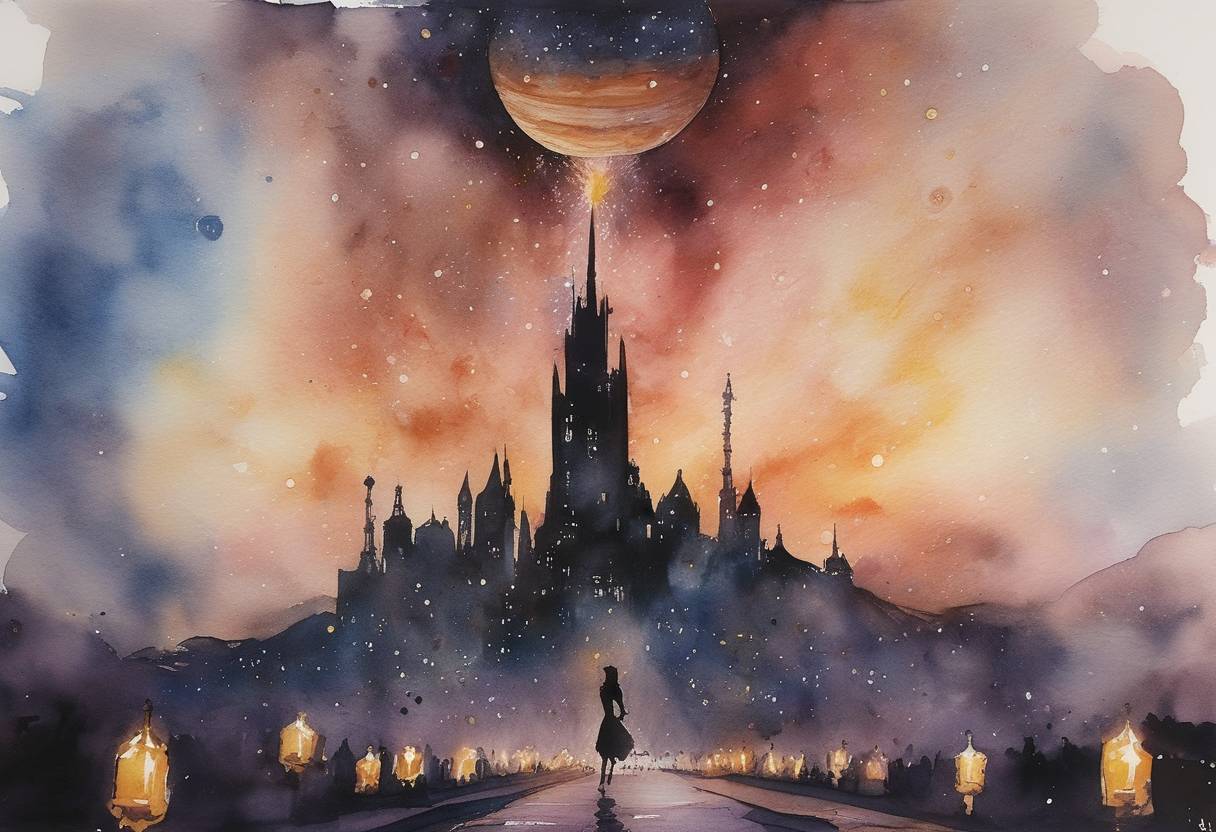 Watercolor painting based depiction of The world premiere of the philosophical romantic movie, 'Jupiter Ascending,' directed by the Wachowskis, took place, sparking discussions about its storytelling and visual effects. (2015)