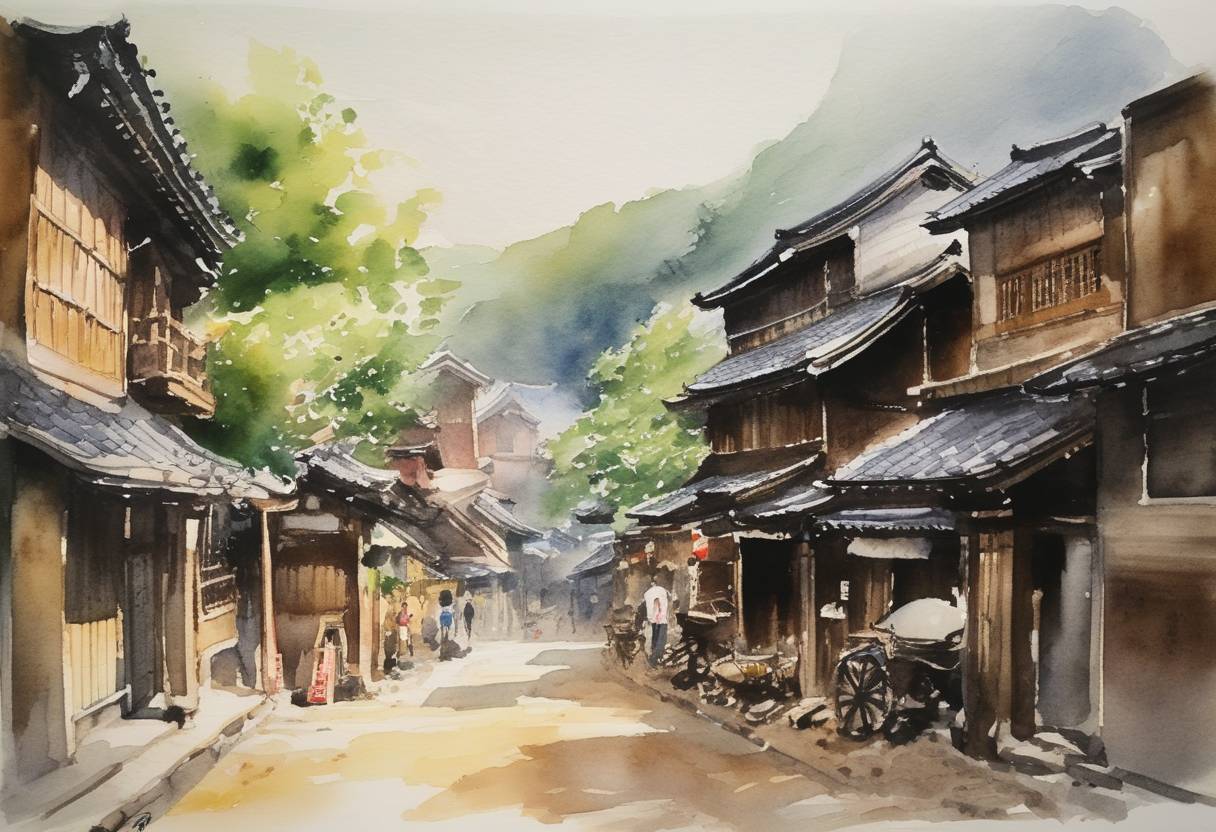 Watercolor painting based depiction of The Kamakura earthquake occurred, which led to significant destruction and loss of life in the Kamakura region of Japan. This earthquake is estimated to have been a magnitude of around 7.1, causing fires and tsunamis that contributed to widespread damage. (1293)