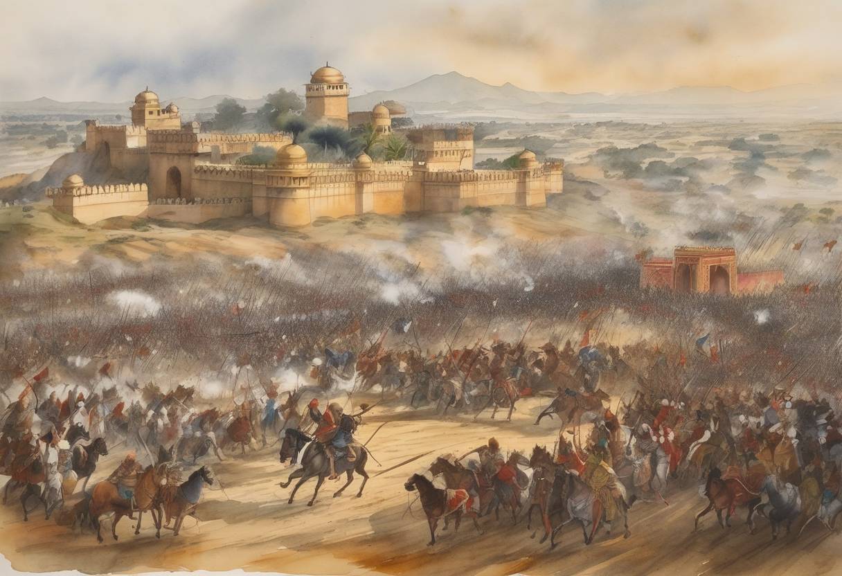 Watercolor painting based depiction of After a day of conflict, the Battle of Waghad came to an end with victory for the Ahmadnagar Sultanate over the Vijayanagara Empire. (1512)