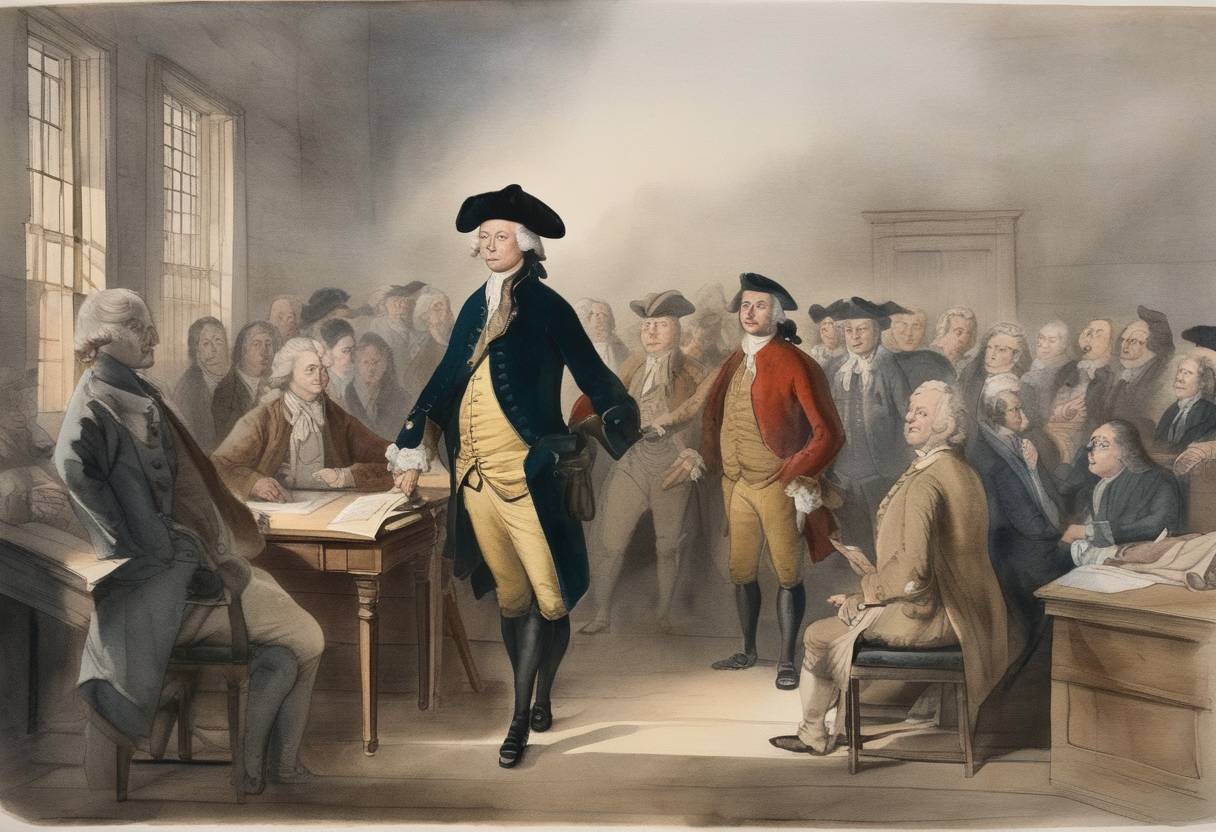 Watercolor painting based depiction of The first trial of James Otis, a prominent colonial lawyer, began in Boston; he famously challenged the Writs of Assistance, which contributed to the growth of American colonial resistance against British rule. (1764)