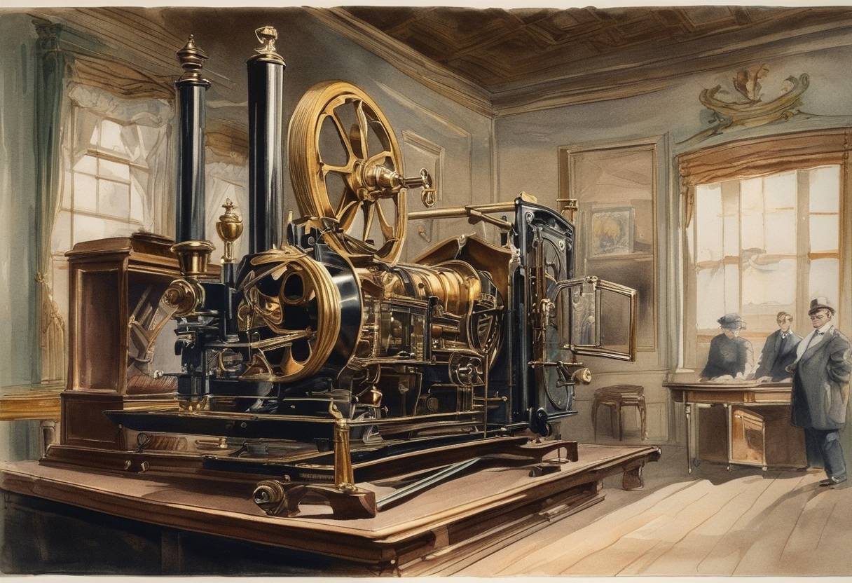 Watercolor painting based depiction of The Lumière brothers patent their cinematograph, a machine capable of projecting motion pictures, which significantly contributed to the development of early cinema. (1894)